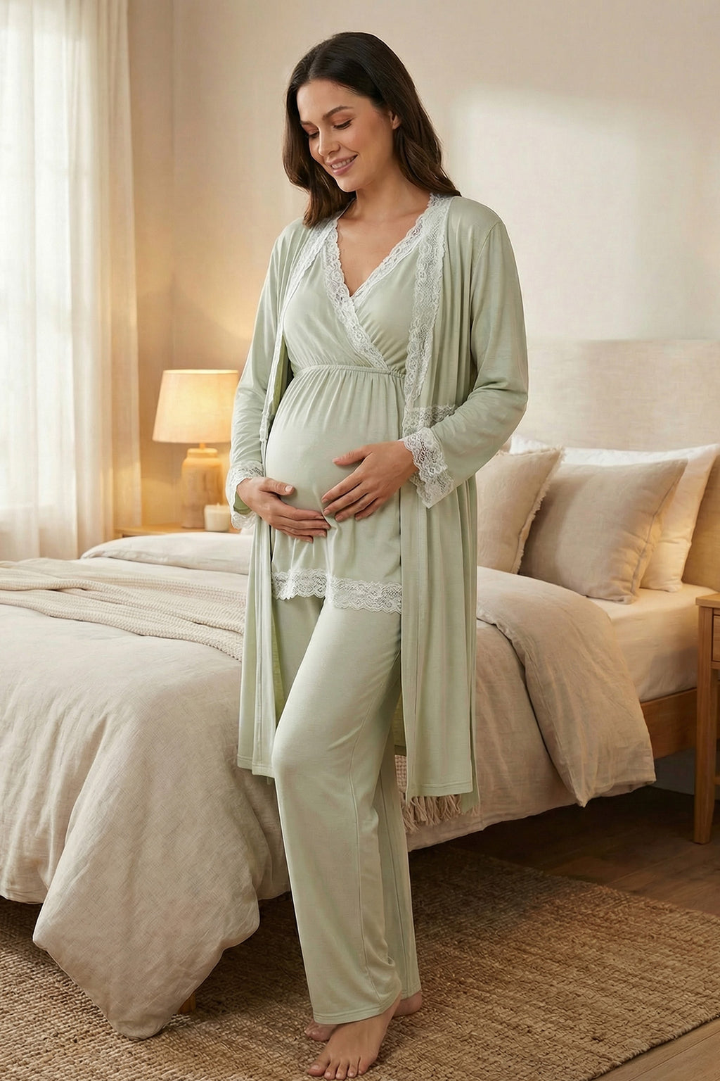 Lace Detailed Wrap 3-Piece Maternity Feeding-Friendly Pajama & Robe Set Mint - L2032