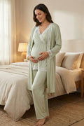 Lace Detailed Wrap 3-Piece Maternity Feeding-Friendly Pajama & Robe Set Mint - L2032
