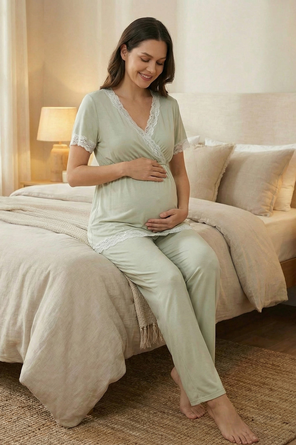 Lace Detailed Wrap 3-Piece Maternity Feeding-Friendly Pajama & Robe Set Mint - L2032