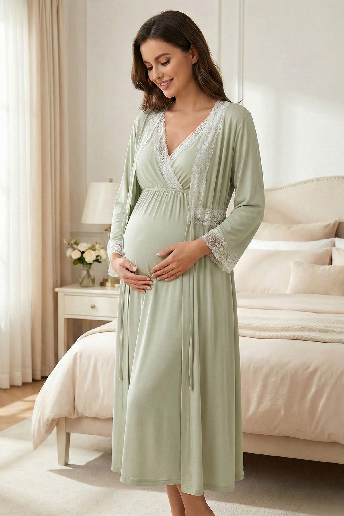 Lace Detailed Wrap Maternity Feeding-Friendly Nightgown & Robe Set Mint - L2033