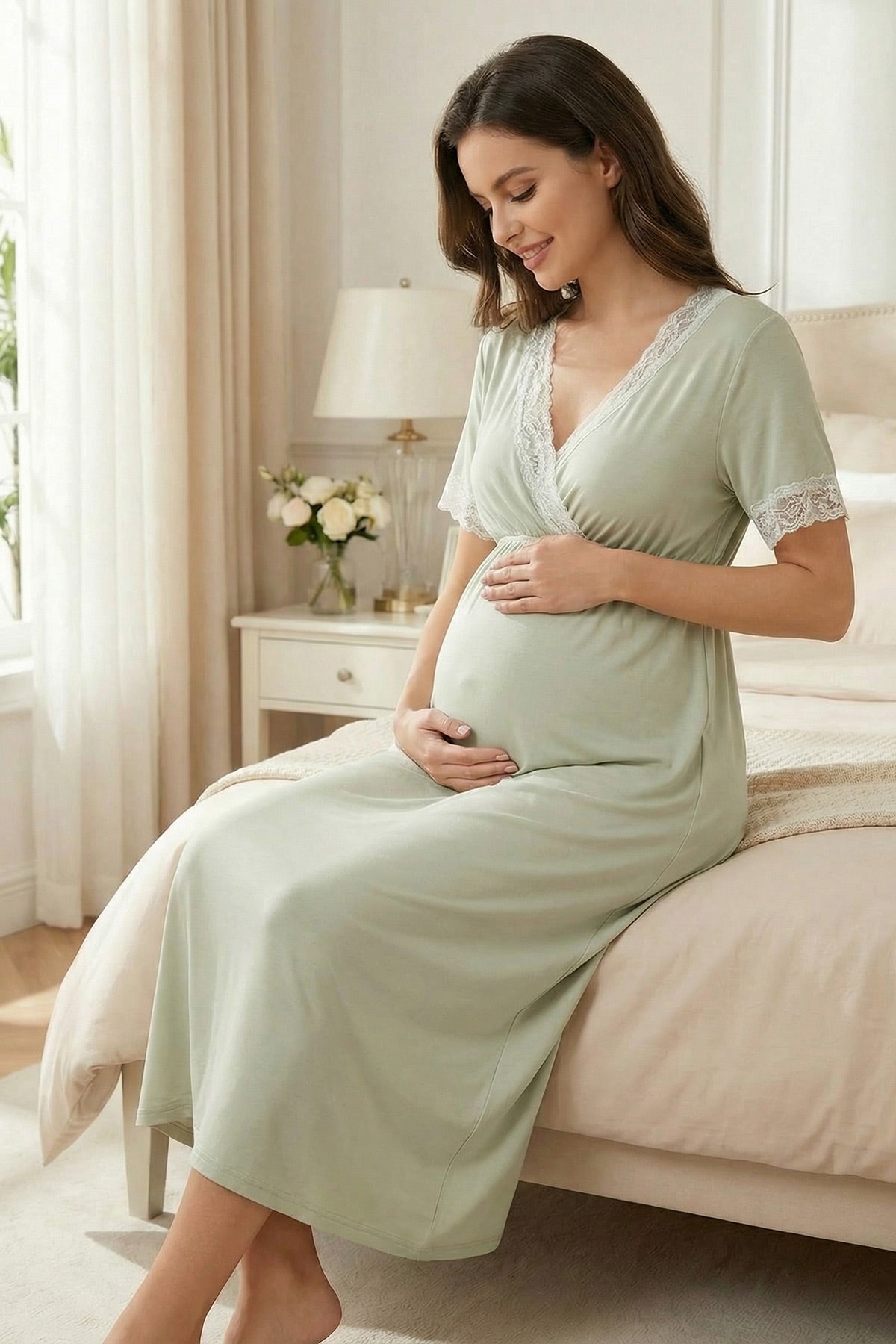Lace Detailed Wrap Maternity Feeding-Friendly Nightgown & Robe Set Mint - L2033