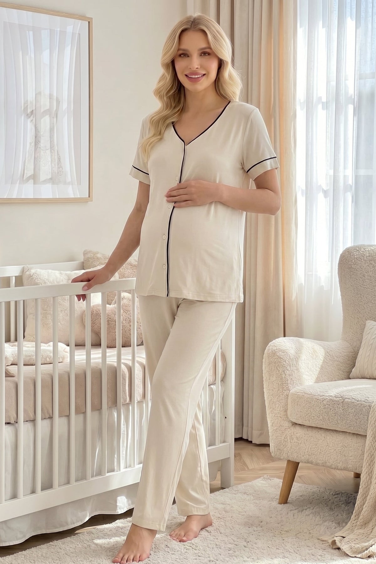 Piped Soft 3-Piece Maternity Feeding-Friendly Pajama & Robe Set Ecru - L2035