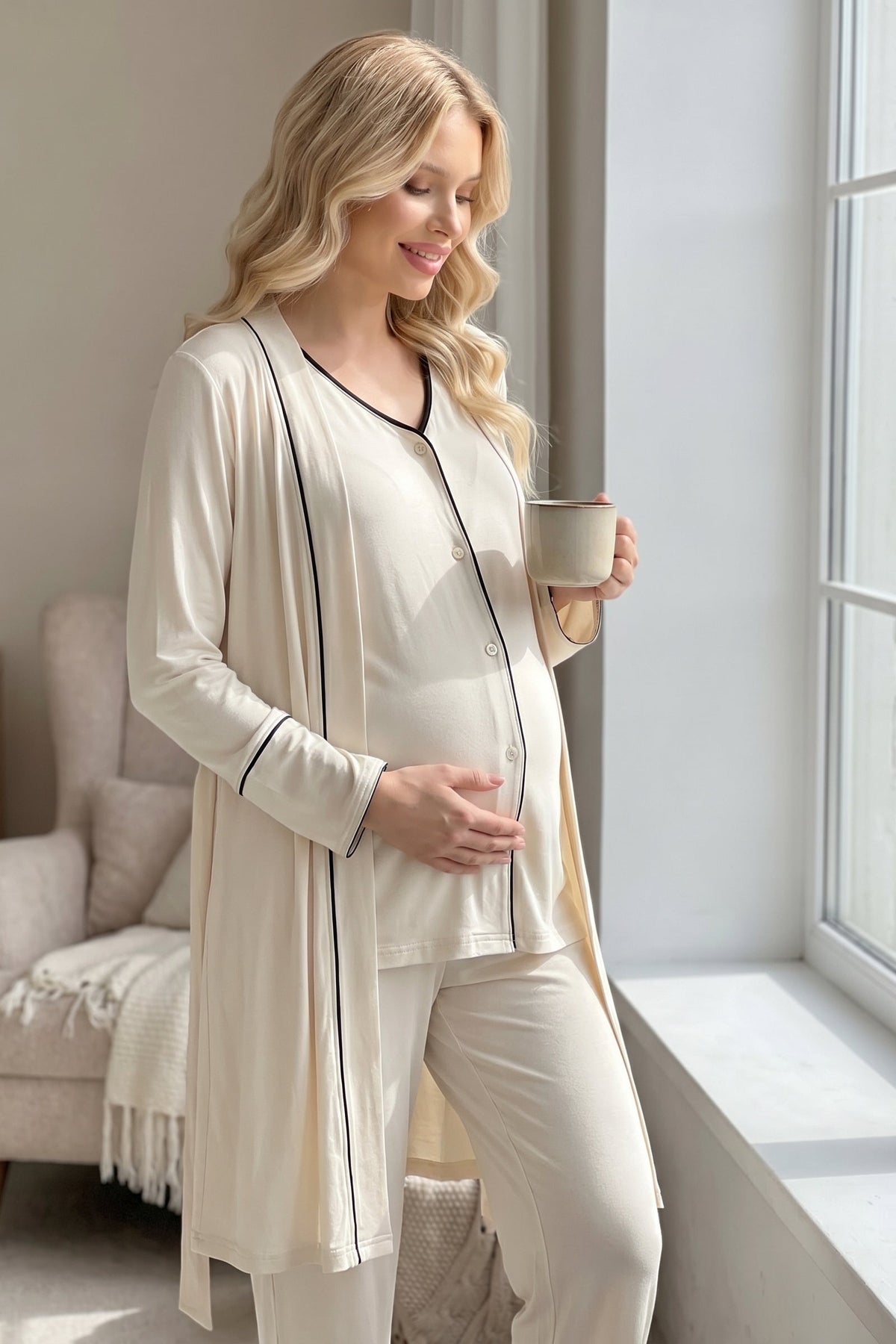 Piped Soft 3-Piece Maternity Feeding-Friendly Pajama & Robe Set Ecru - L2035