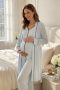 Piped Soft 3-Piece Maternity Feeding-Friendly Pajama & Robe Set Blue - L2036
