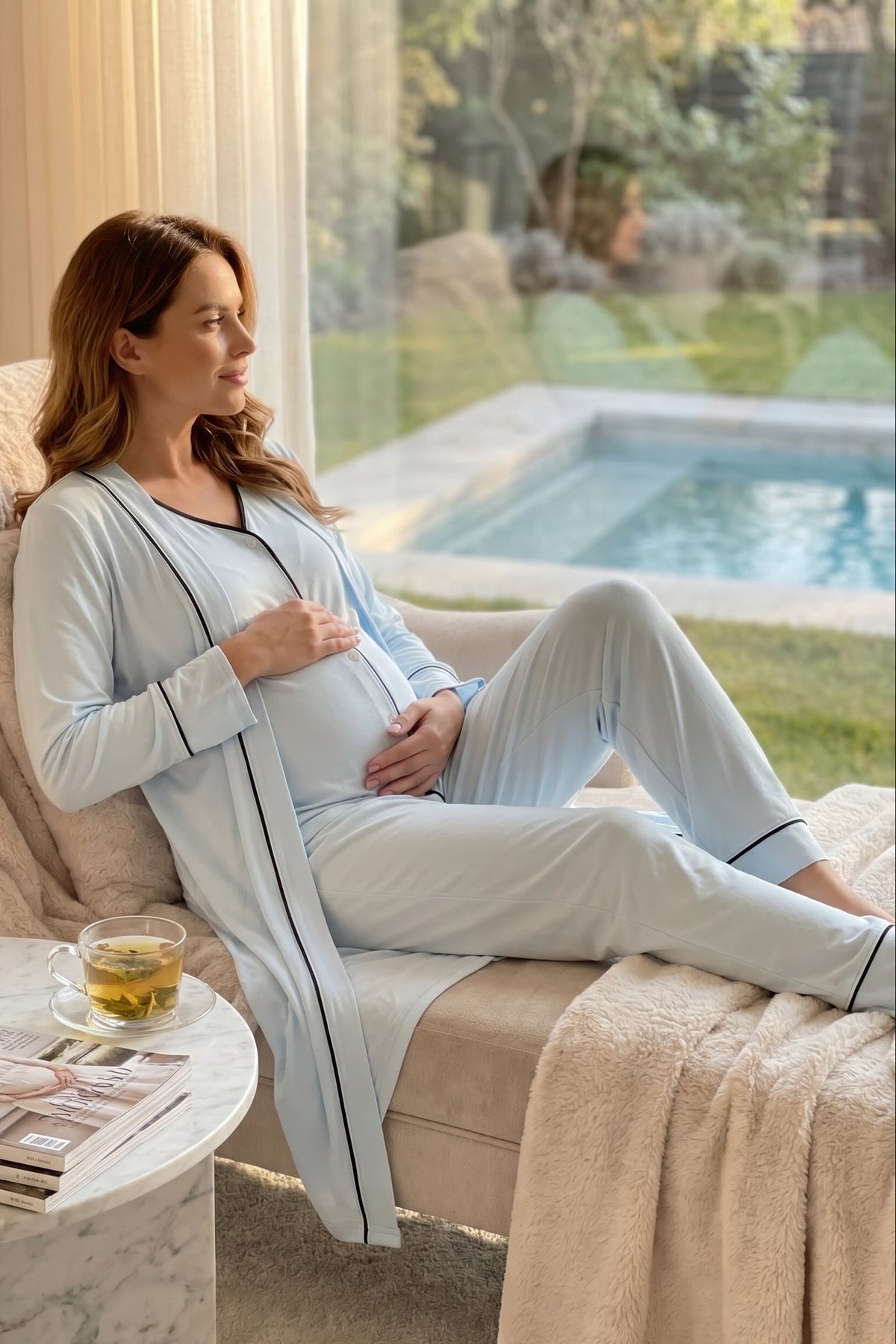 Piped Soft 3-Piece Maternity Feeding-Friendly Pajama & Robe Set Blue - L2036