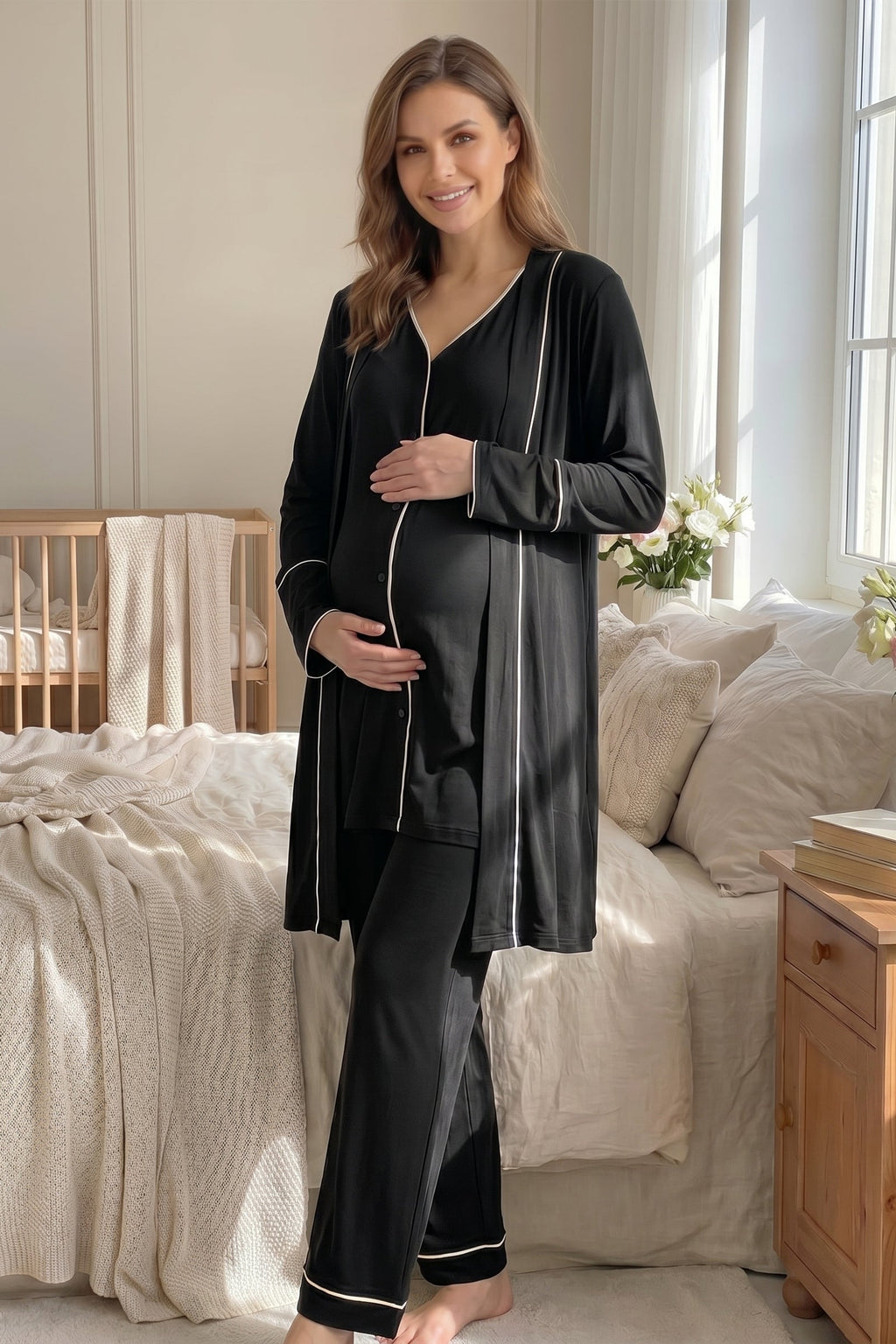 Piped Soft 3-Piece Maternity Feeding-Friendly Pajama & Robe Set Black - L2037