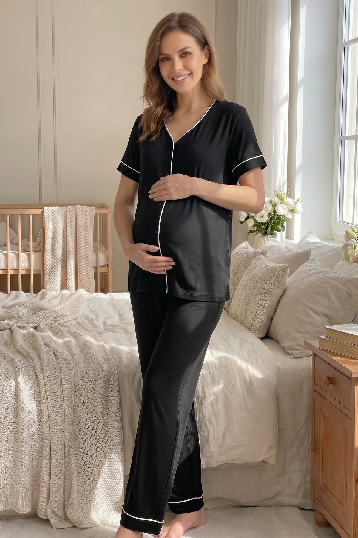Piped Soft 3-Piece Maternity Feeding-Friendly Pajama & Robe Set Black - L2037