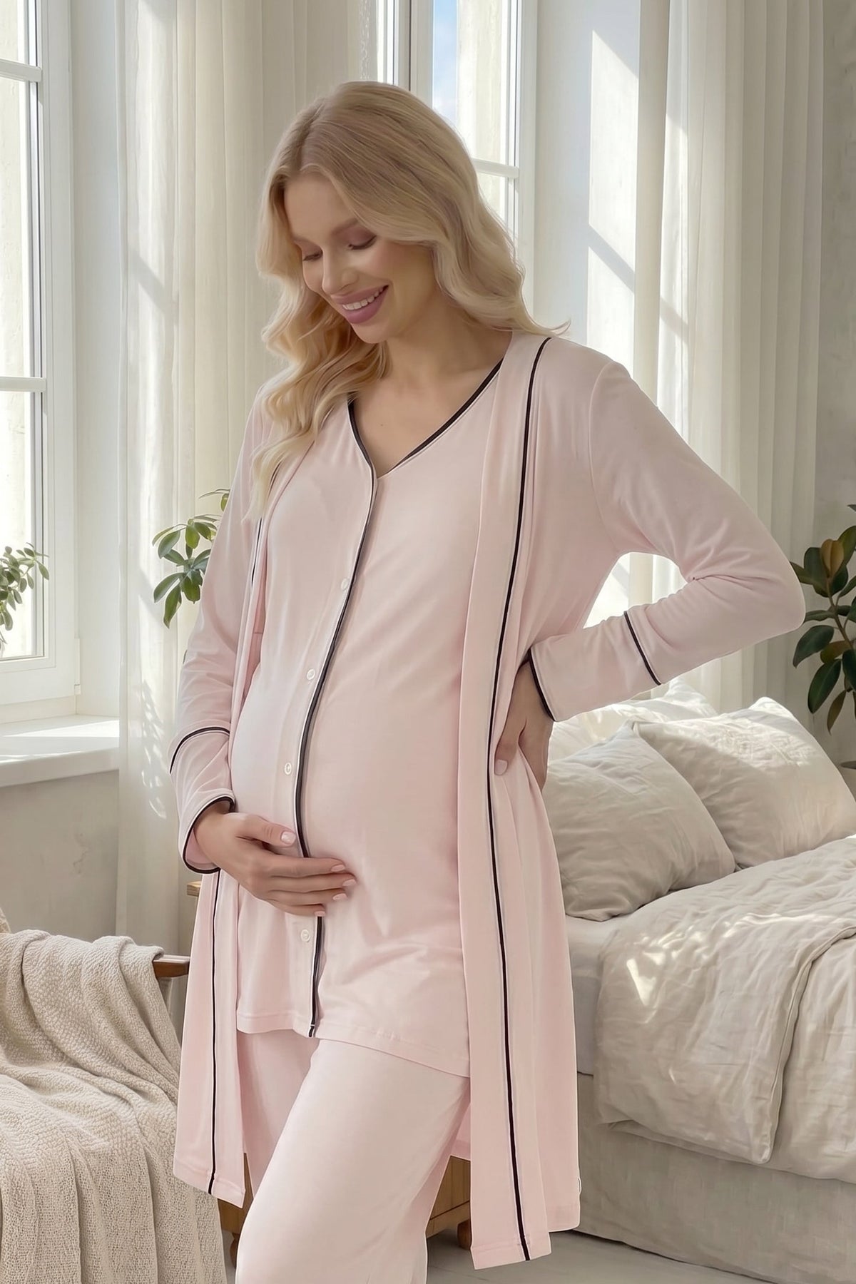 Piped Soft 3-Piece Maternity Feeding-Friendly Pajama & Robe Set Pink - L2038