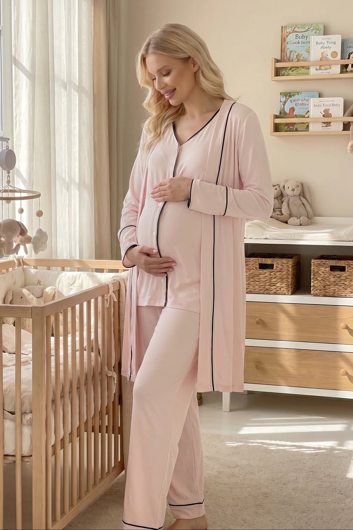 Piped Soft 3-Piece Maternity Feeding-Friendly Pajama & Robe Set Pink - L2038
