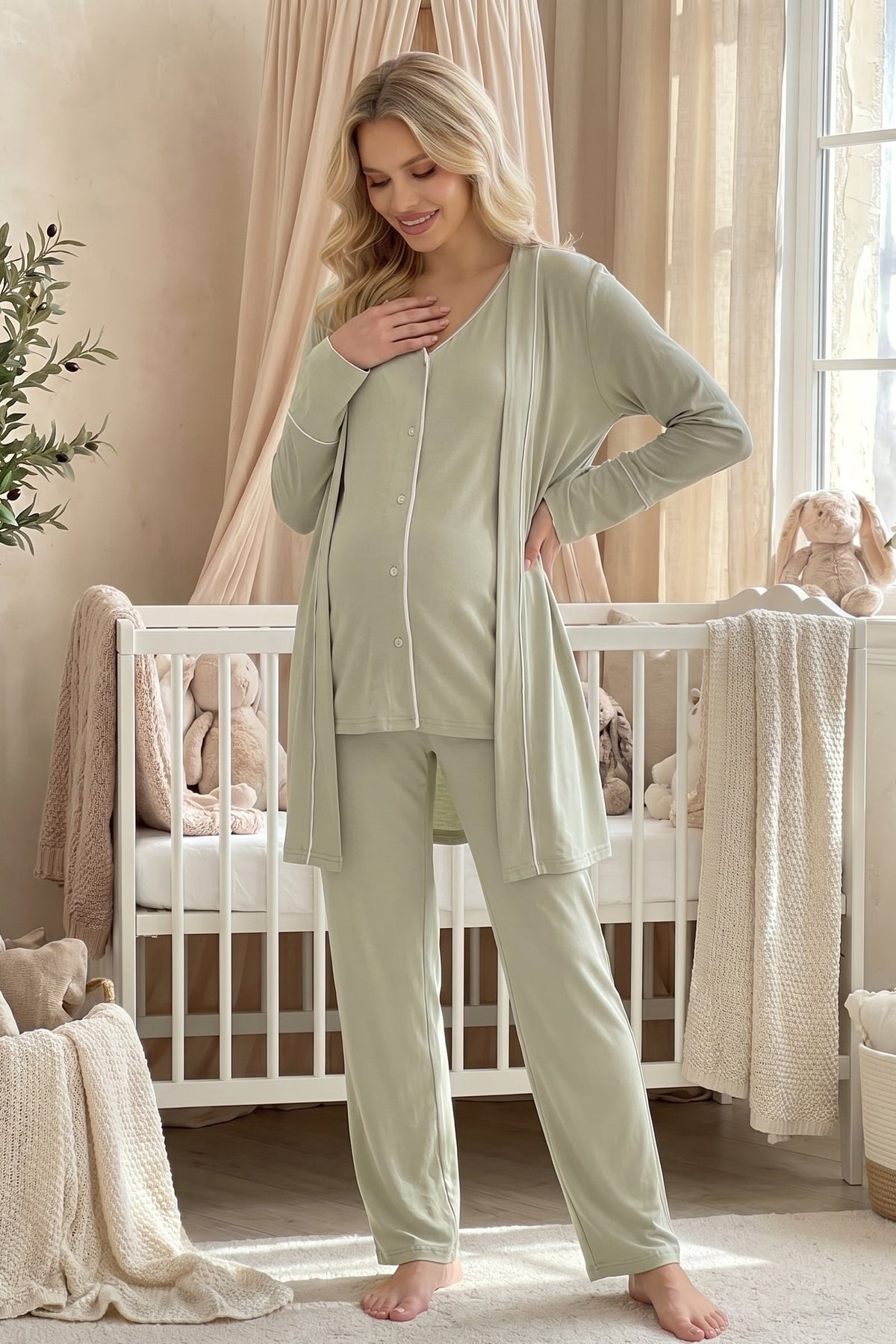 Piped Soft 3-Piece Maternity Feeding-Friendly Pajama & Robe Set Mint - L2039