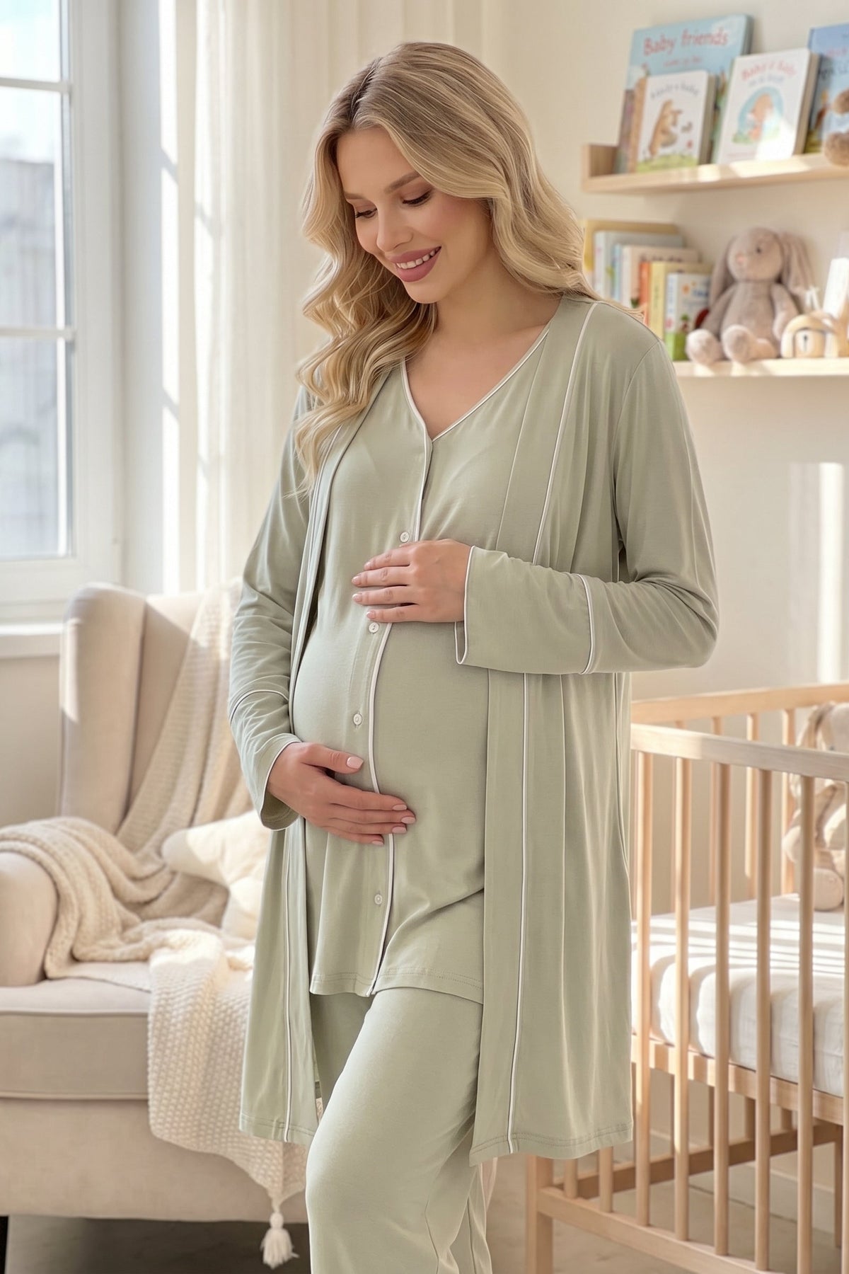 Piped Soft 3-Piece Maternity Feeding-Friendly Pajama & Robe Set Mint - L2039