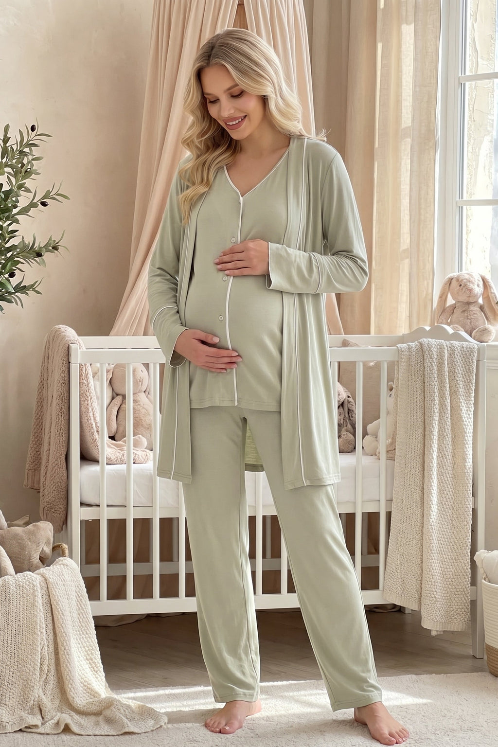 Piped Soft 3-Piece Maternity Feeding-Friendly Pajama & Robe Set Mint - L2039