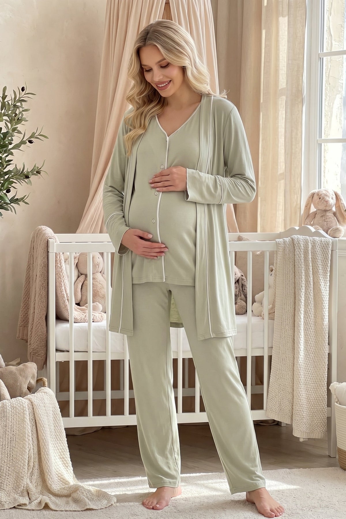 Piped Soft 3-Piece Maternity Feeding-Friendly Pajama & Robe Set Mint - L2039