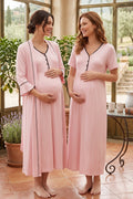 Piped Maternity Feeding-Friendly Nightgown & Pleated Sleeve Robe Set Pink - L2042