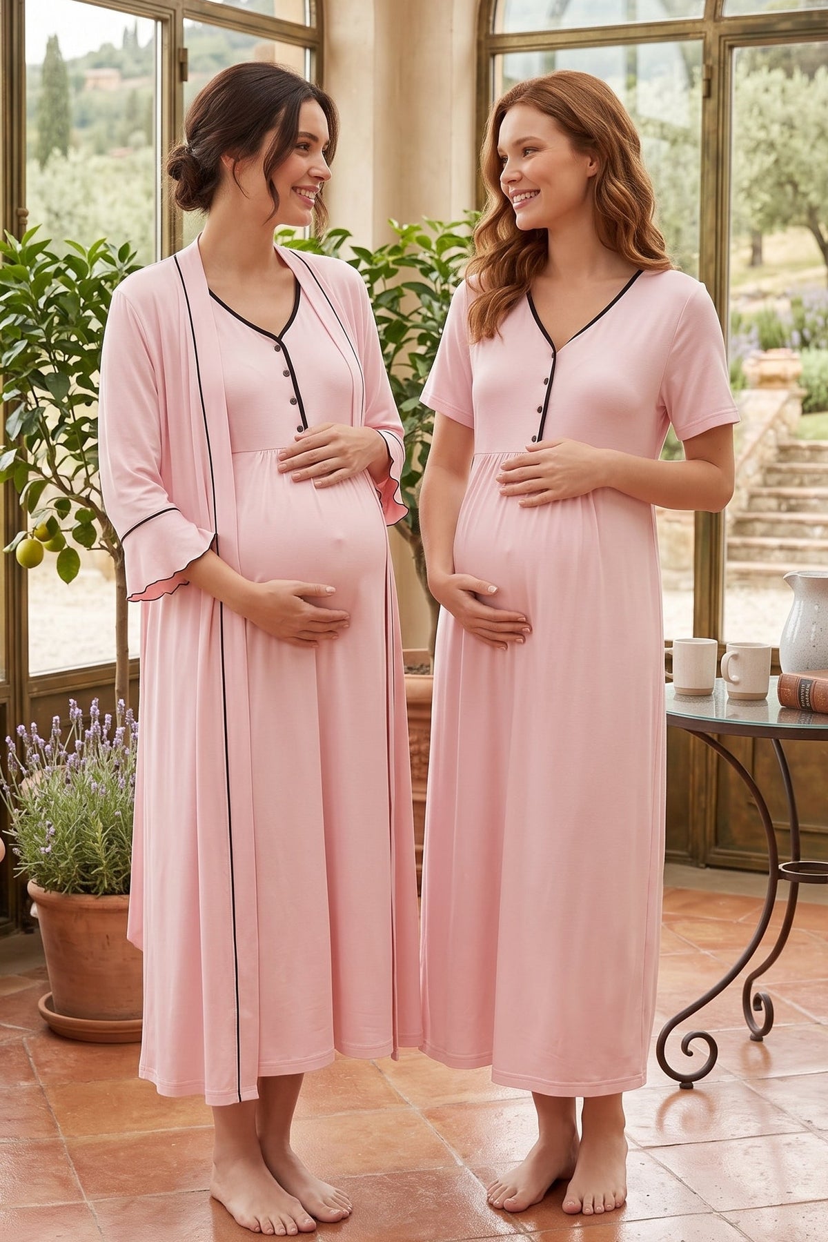 Piped Maternity Feeding-Friendly Nightgown & Pleated Sleeve Robe Set Pink - L2042