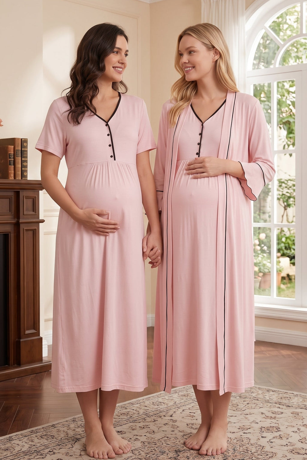 Piped Maternity Feeding-Friendly Nightgown & Pleated Sleeve Robe Set Pink - L2042