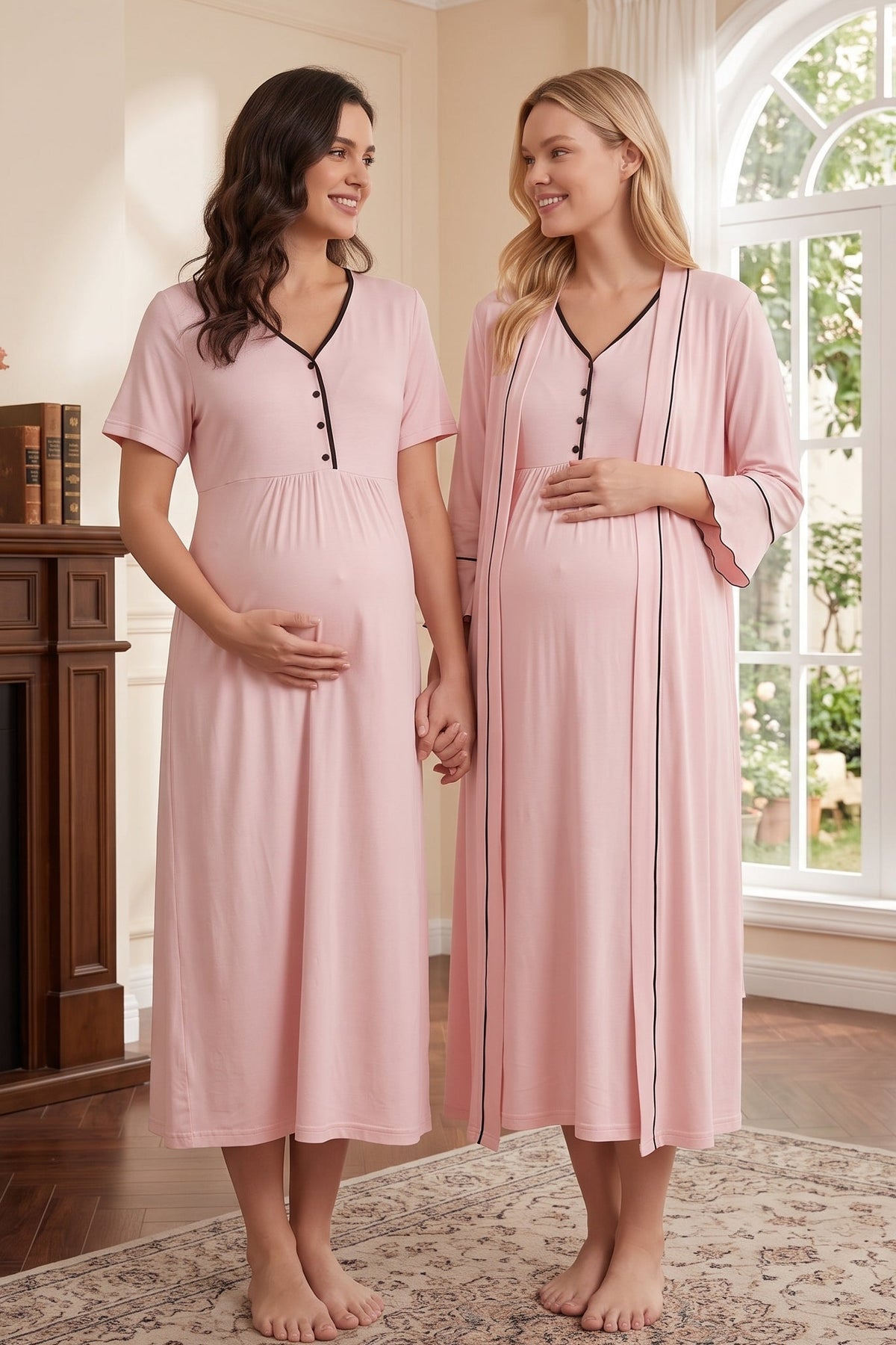 Piped Maternity Feeding-Friendly Nightgown & Pleated Sleeve Robe Set Pink - L2042