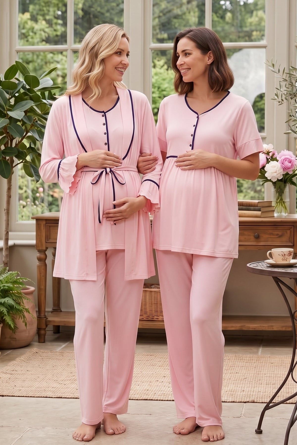 Piped 3-Piece Maternity Feeding-Friendly Pajama & Flywheel Arm Robe Set Pink - L2045