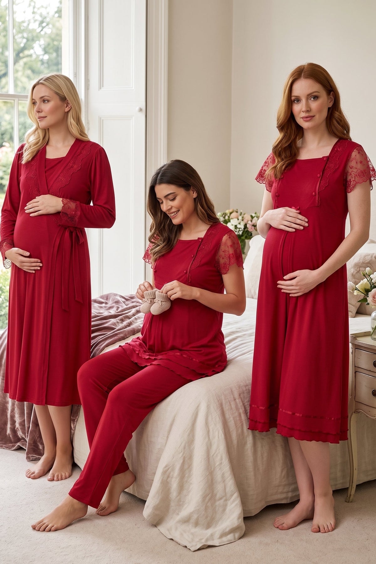 Lace Sleeve 4-Piece Maternity Feeding-Friendly Set Cherry - T2050