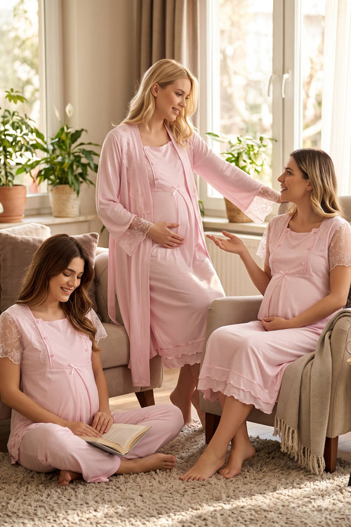 Lace Sleeve 4-Piece Maternity Feeding-Friendly Set Pink - T2050