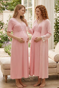Lacy Maternity Feeding-Friendly Nightgown & Lace Sleeve Striped Robe Set Pink - L2050