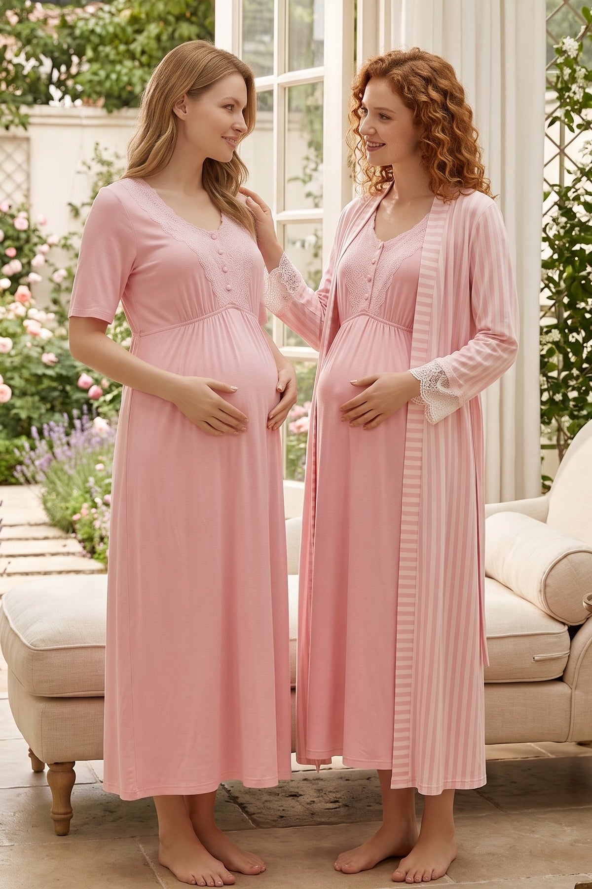 Lacy Maternity Feeding-Friendly Nightgown & Lace Sleeve Striped Robe Set Pink - L2050