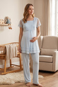 Lace Sleeve Maternity Feeding-Friendly Pajama Set Blue - T2051