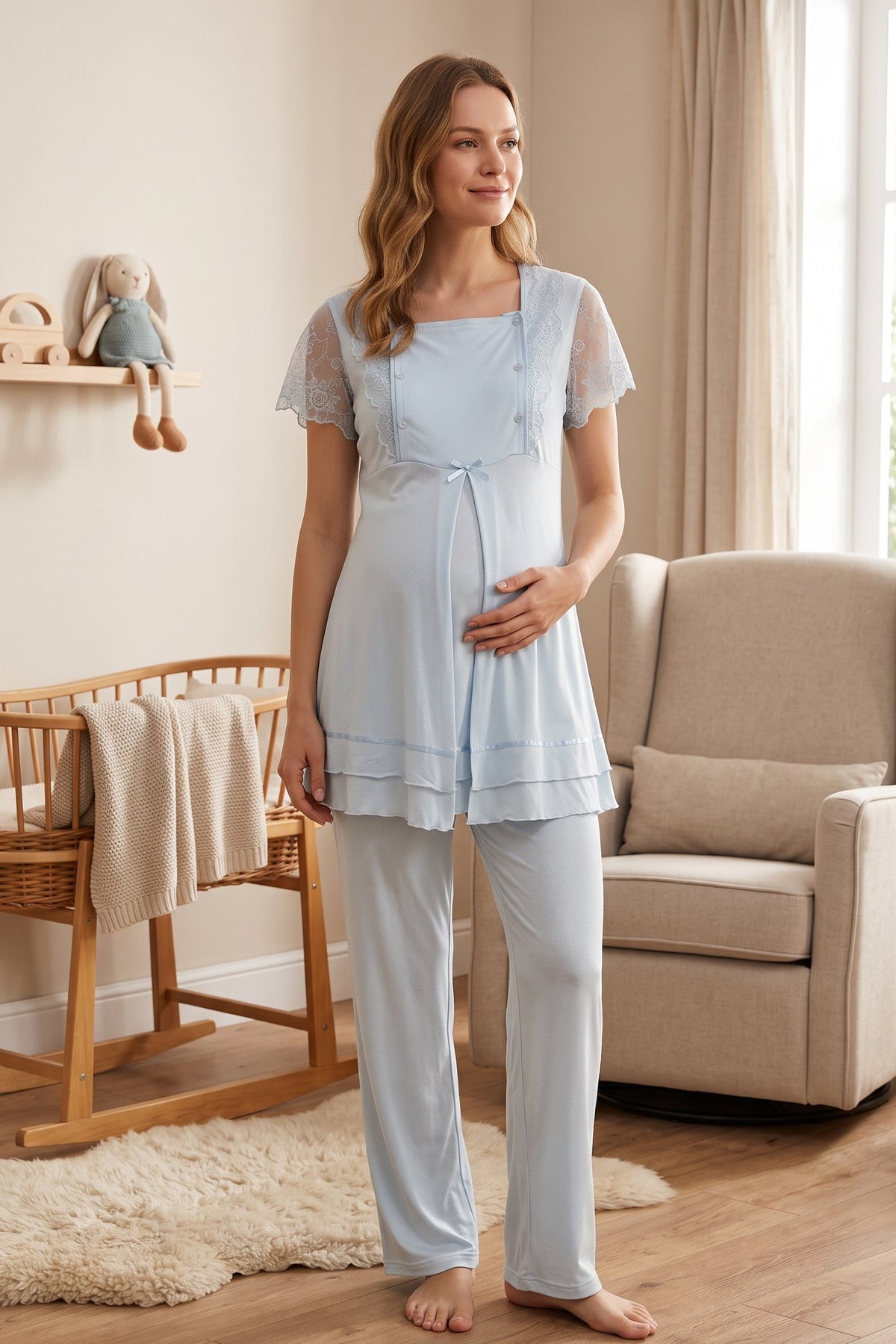 Lace Sleeve Maternity Feeding-Friendly Pajama Set Blue - T2051
