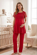 Lace Sleeve Maternity Feeding-Friendly Pajama Set Cherry - T2051