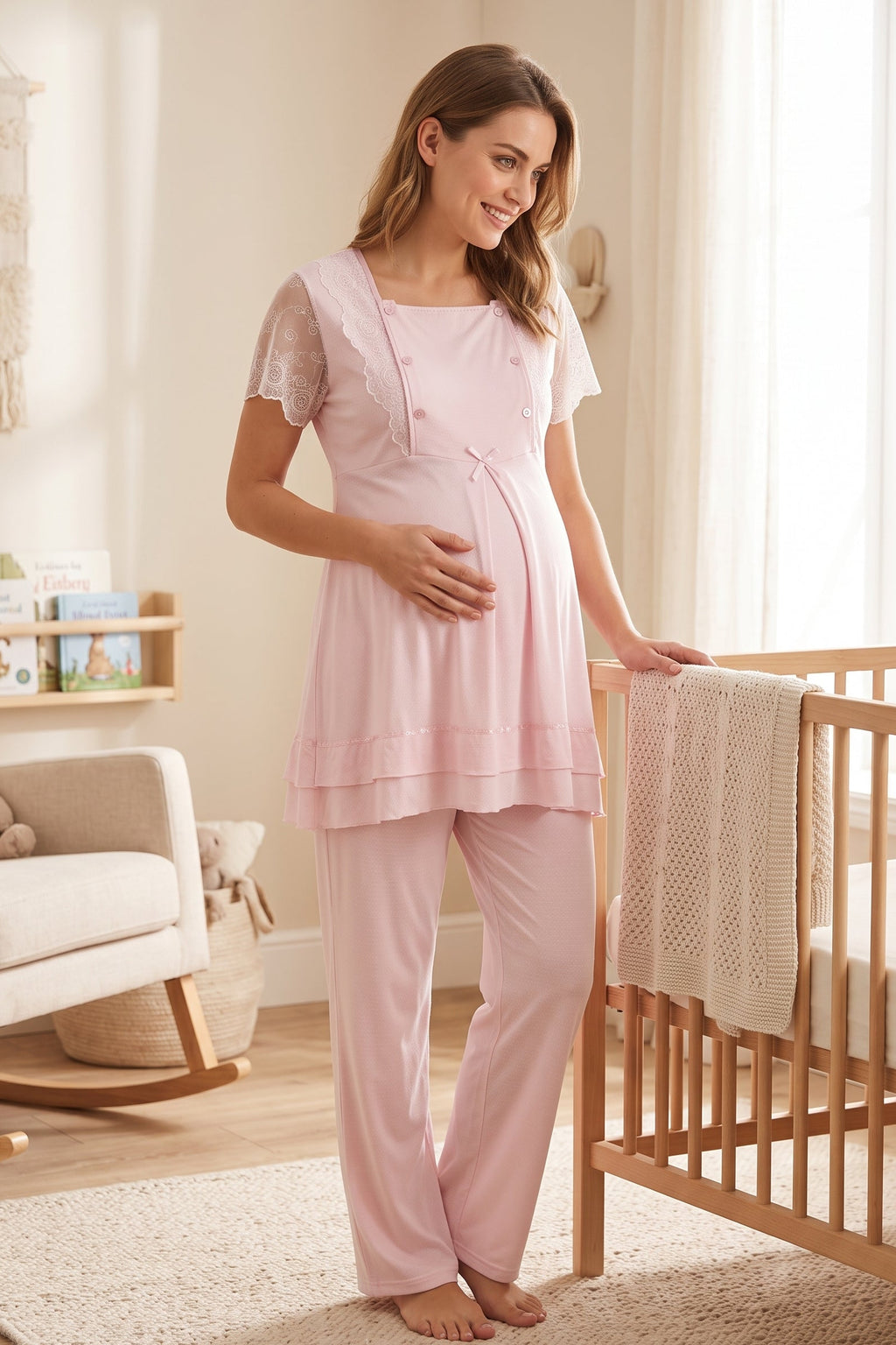Lace Sleeve Maternity Feeding-Friendly Pajama Set Pink - T2051
