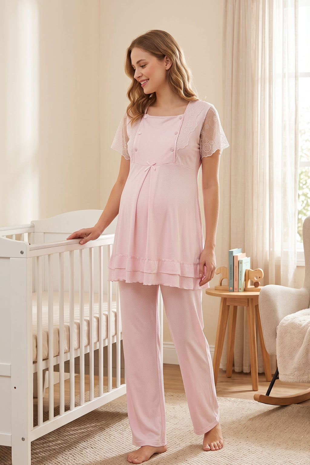 Lace Sleeve Maternity Feeding-Friendly Pajama Set Pink - T2051
