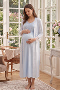 Lacy Maternity Feeding-Friendly Nightgown & Lace Sleeve Striped Robe Set Blue - L2051