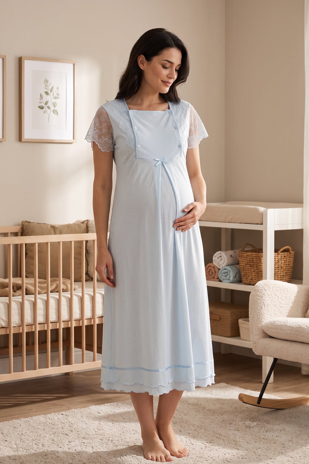 Lace Sleeve Maternity Feeding-Friendly Nightgown Blue - T2052