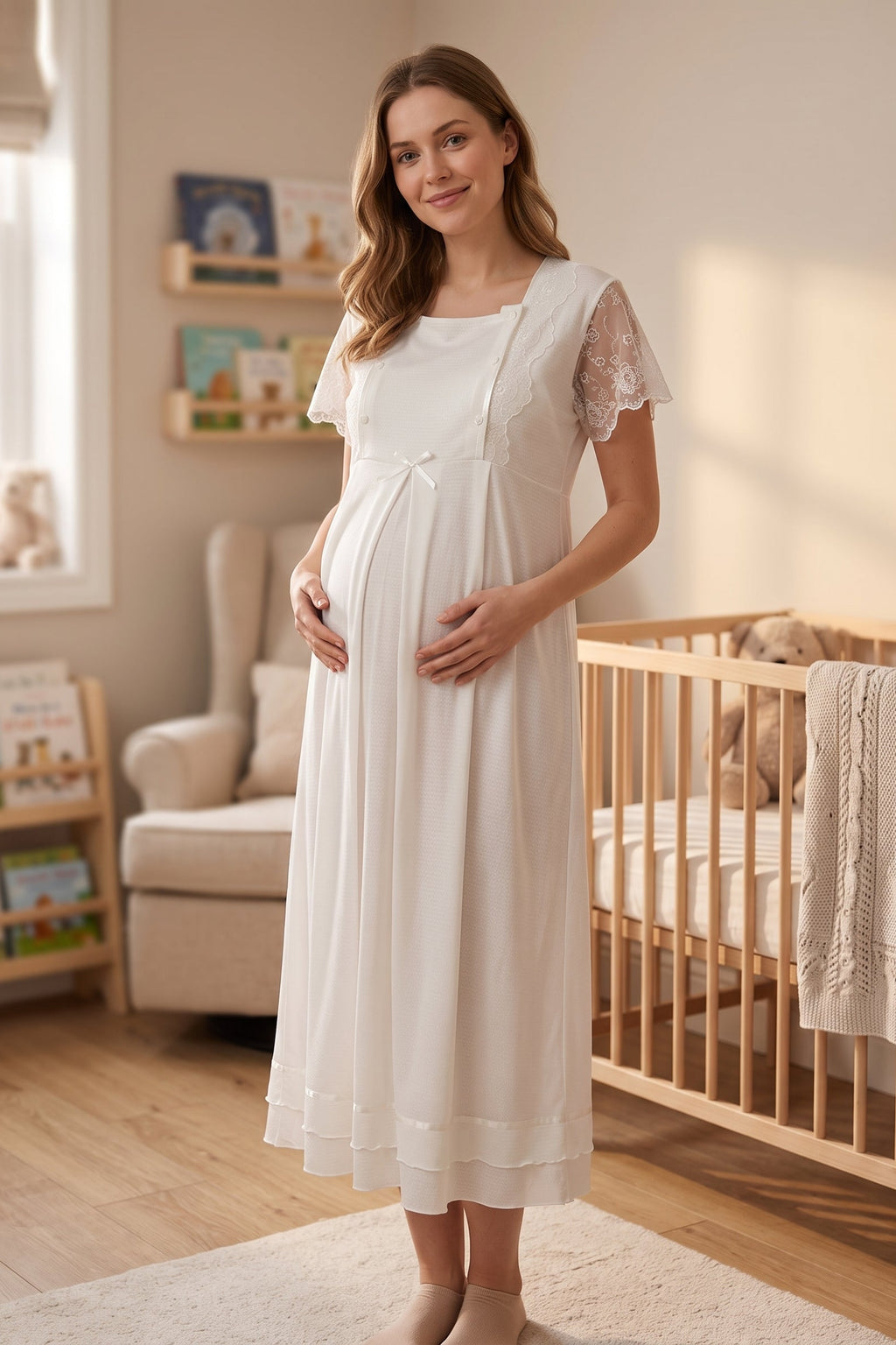 Lace Sleeve Maternity Feeding-Friendly Nightgown Ecru - T2052