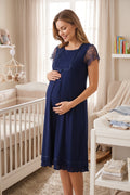 Lace Sleeve Maternity Feeding-Friendly Nightgown Navy Blue - T2052
