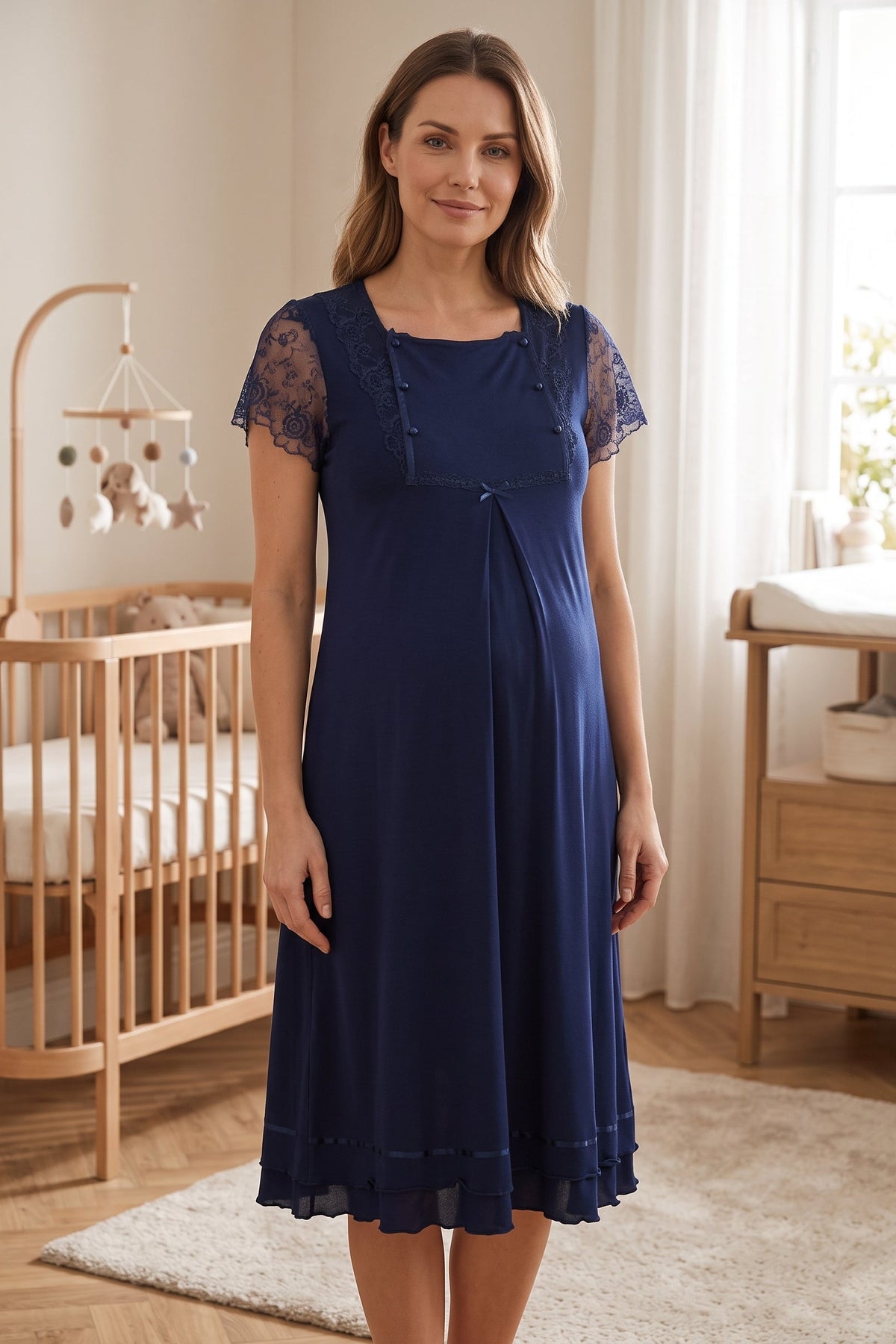 Lace Sleeve Maternity Feeding-Friendly Nightgown Navy Blue - T2052