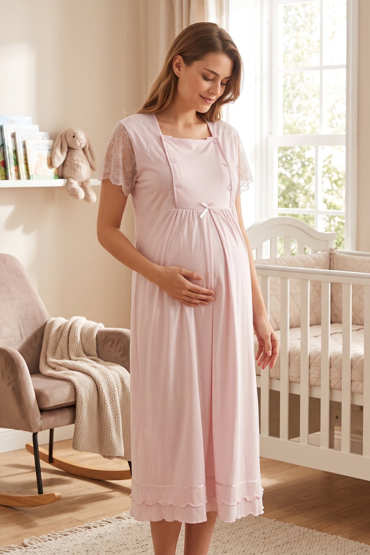 Lace Sleeve Maternity Feeding-Friendly Nightgown Pink - T2052