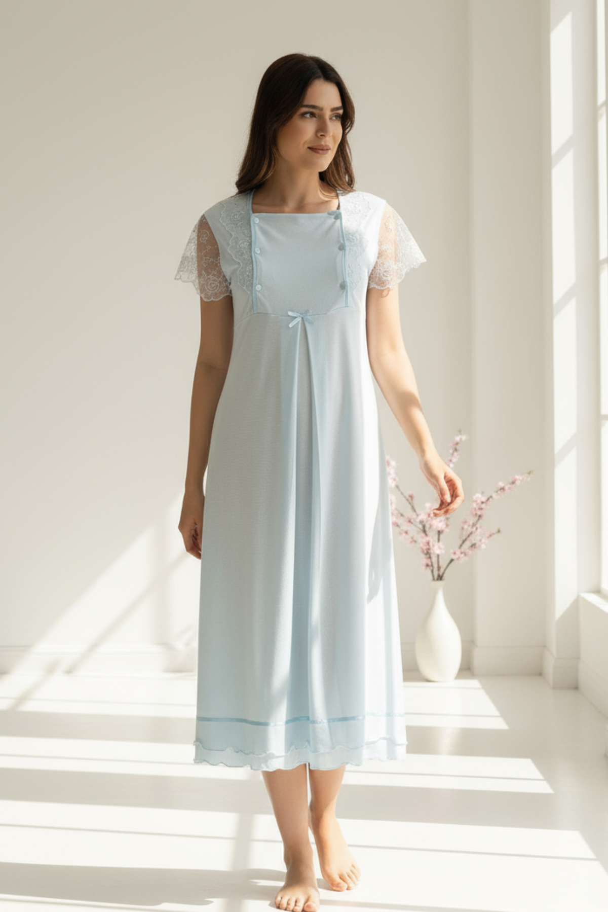 Lace Sleeve Maternity Feeding-Friendly Nightgown Blue - T2052