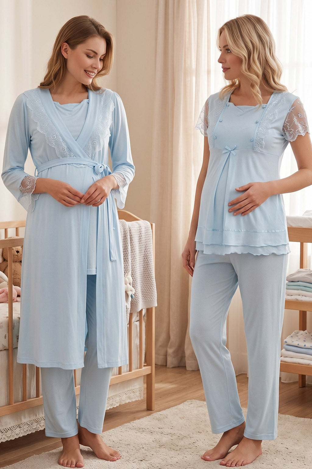 Lace Sleeve 3-Piece Maternity Feeding-Friendly Pajama & Robe Set Blue - T2054