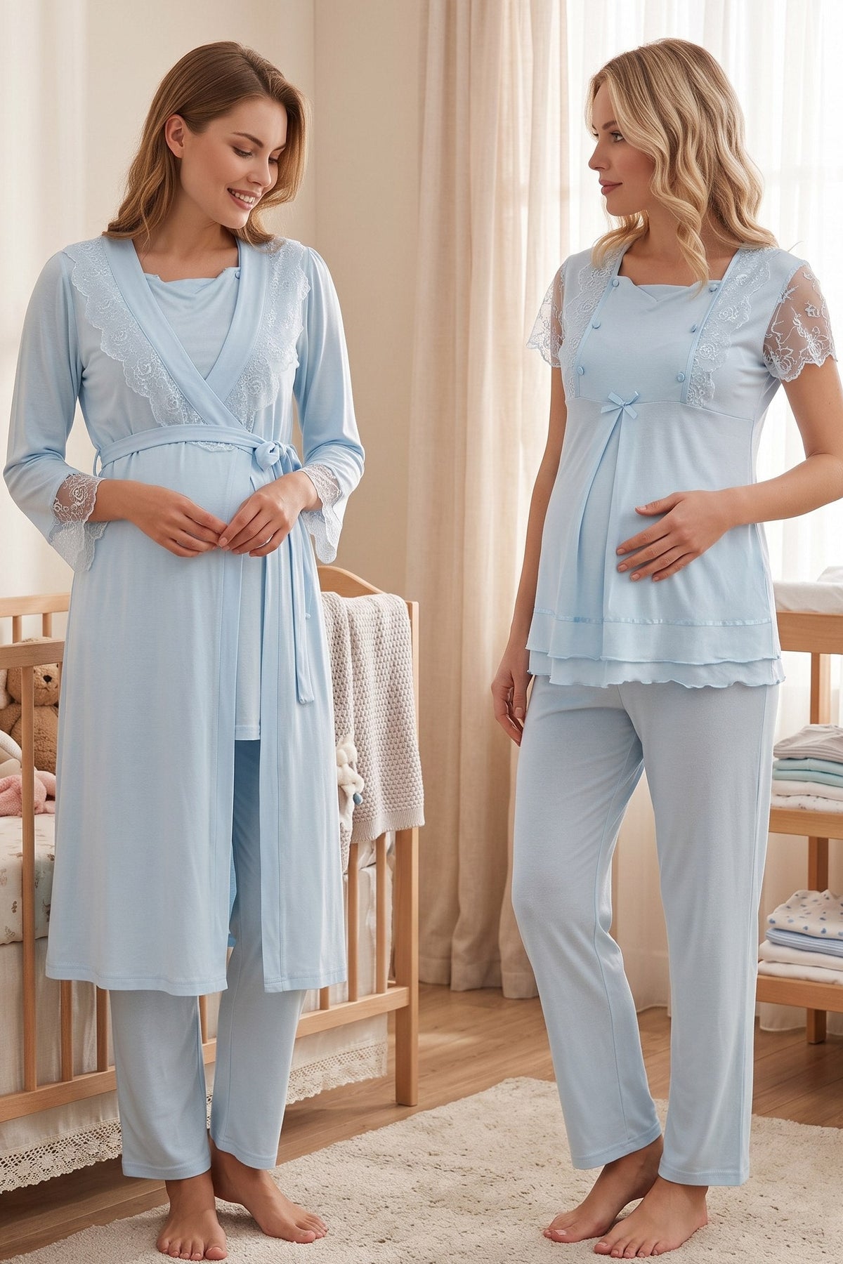 Lace Sleeve 3-Piece Maternity Feeding-Friendly Pajama & Robe Set Blue - T2054