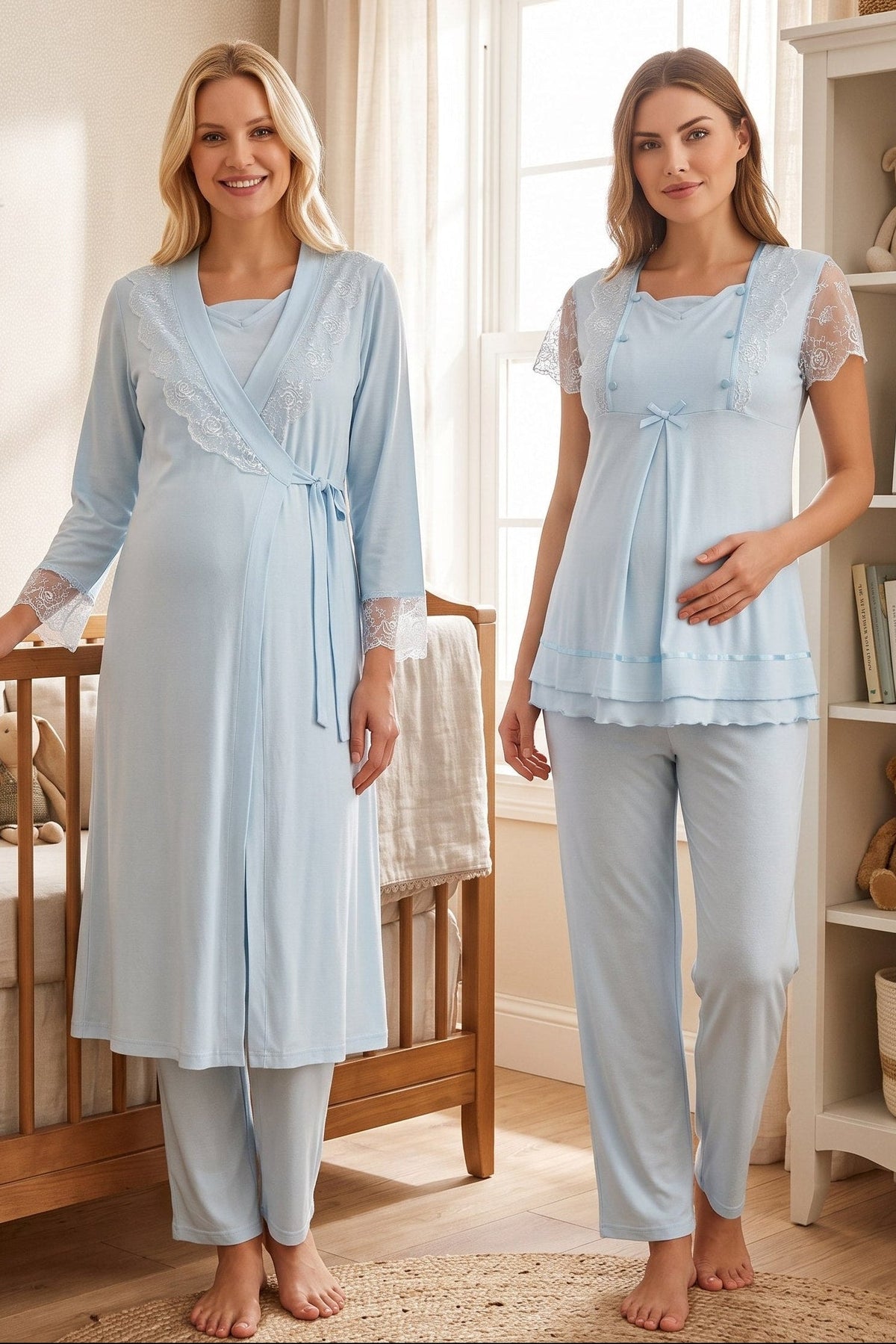 Lace Sleeve 3-Piece Maternity Feeding-Friendly Pajama & Robe Set Blue - T2054