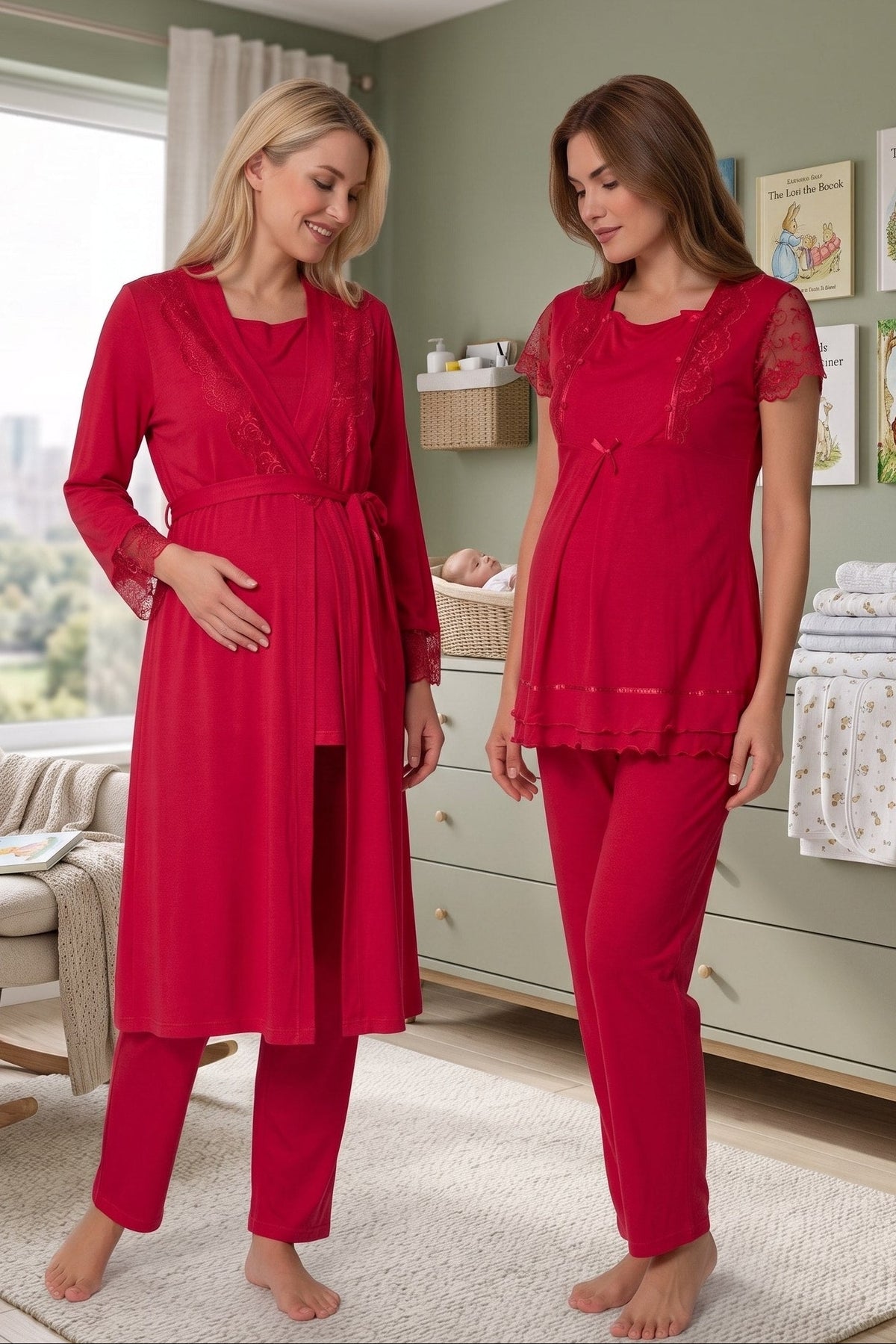 Lace Sleeve 3-Piece Maternity Feeding-Friendly Pajama & Robe Set Cherry - T2054