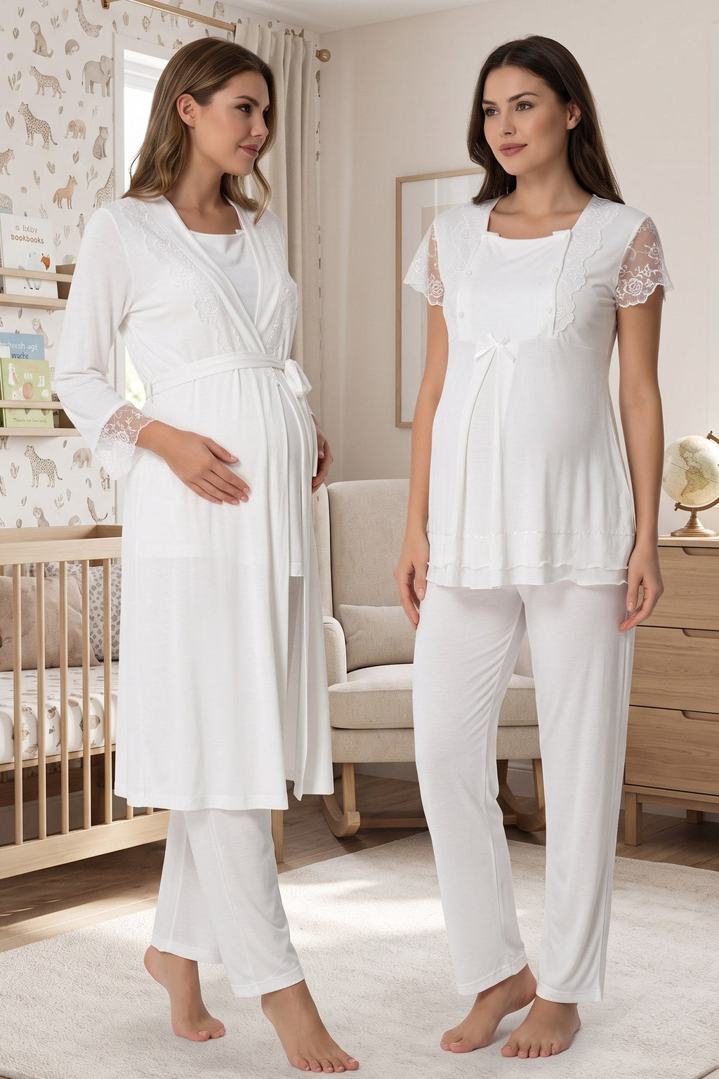 Lace Sleeve 3-Piece Maternity Feeding-Friendly Pajama & Robe Set Ecru - T2054
