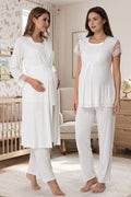Lace Sleeve 3-Piece Maternity Feeding-Friendly Pajama & Robe Set Ecru - T2054