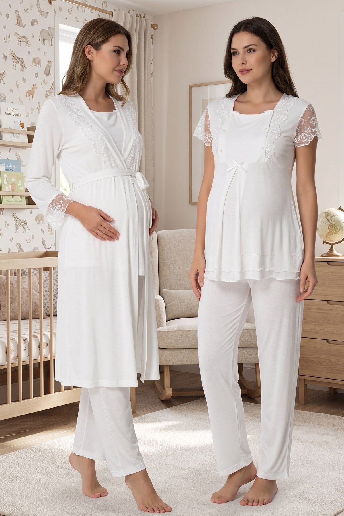 Lace Sleeve 3-Piece Maternity Feeding-Friendly Pajama & Robe Set Ecru - T2054