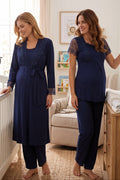 Lace Sleeve 3-Piece Maternity Feeding-Friendly Pajama & Robe Set Navy Blue - T2054