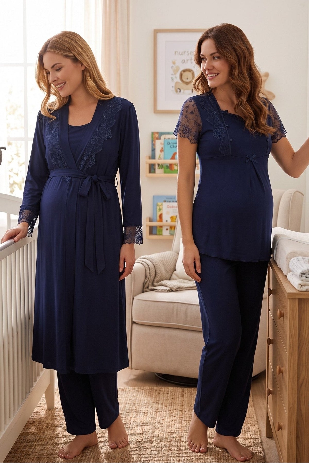Lace Sleeve 3-Piece Maternity Feeding-Friendly Pajama & Robe Set Navy Blue - T2054