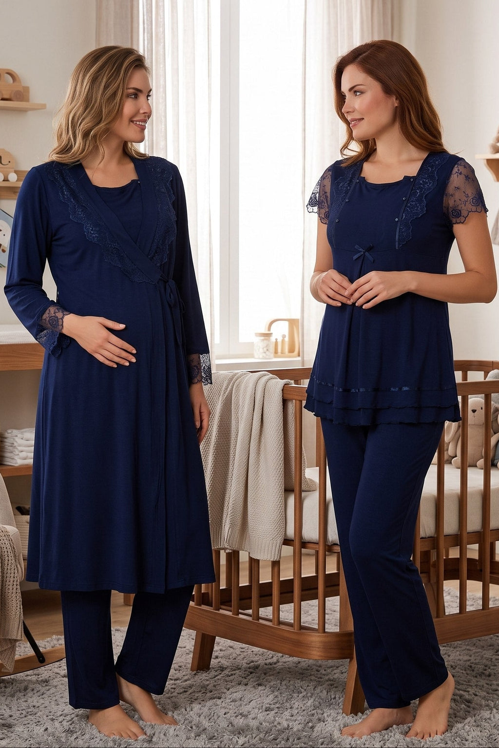 Lace Sleeve 3-Piece Maternity Feeding-Friendly Pajama & Robe Set Navy Blue - T2054