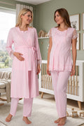 Lace Sleeve 3-Piece Maternity Feeding-Friendly Pajama & Robe Set Pink - T2054