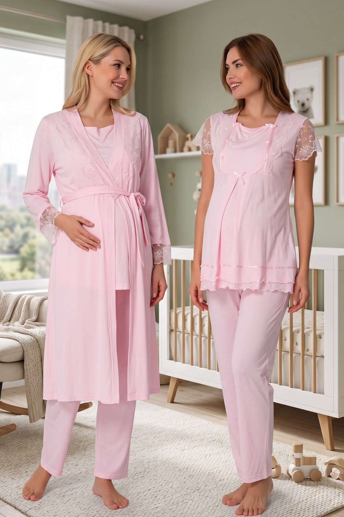 Lace Sleeve 3-Piece Maternity Feeding-Friendly Pajama & Robe Set Pink - T2054
